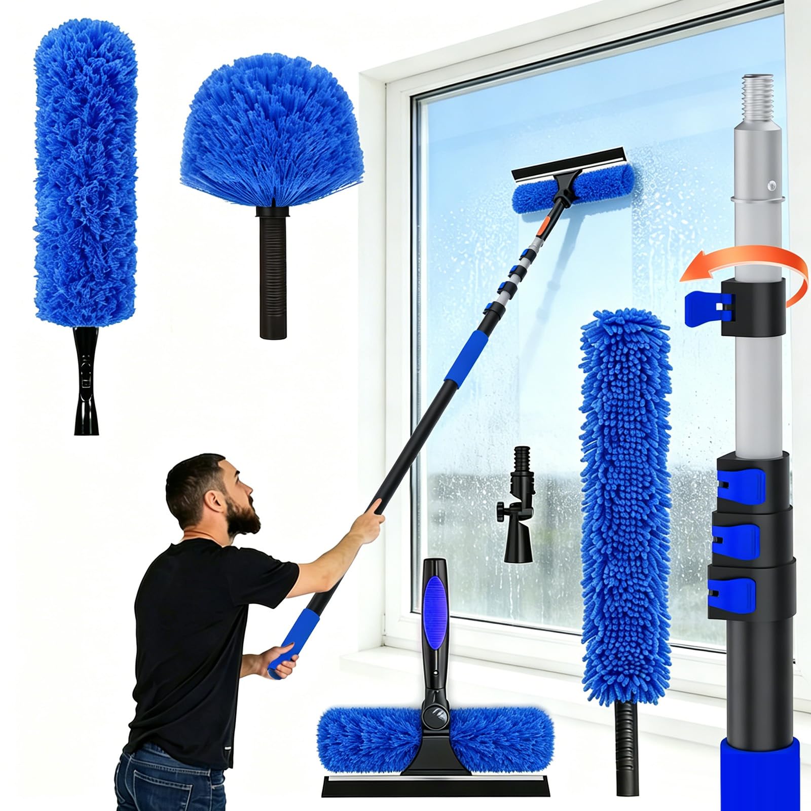 26FT Reach Duster Kit, Window Cleaning with 5-20FT Telescoping Extension Pole, High Ceiling Duster, Microfiber Feather Duster, Cobweb Duster, Window Squeegee, Feather Duster, Extendable Pole Kit