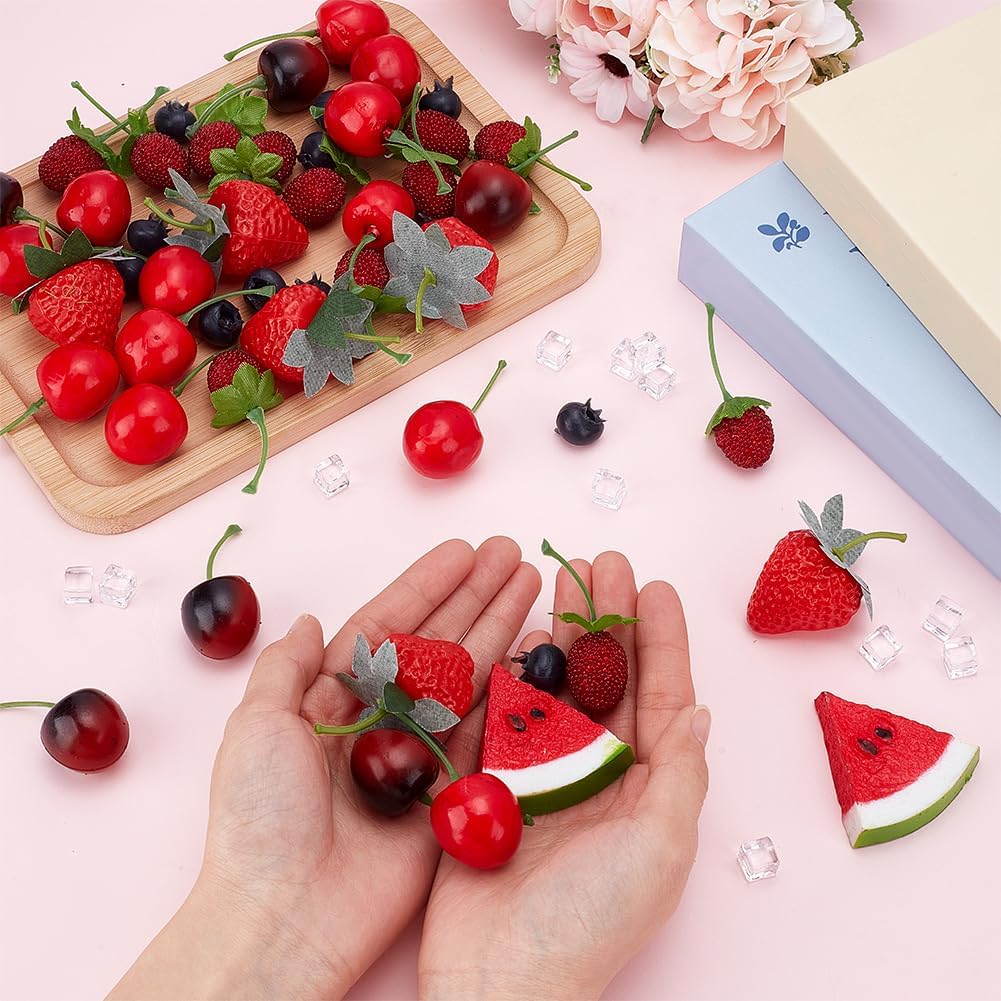 PH PandaHall 62pcs 7 Styles Artificial Plastic Fruit, Imitation Fruit Strawberries Watermelons Blueberries Fake Fruits Realistic Food Props for Showcase Photography Props Table Home Kitchen Party