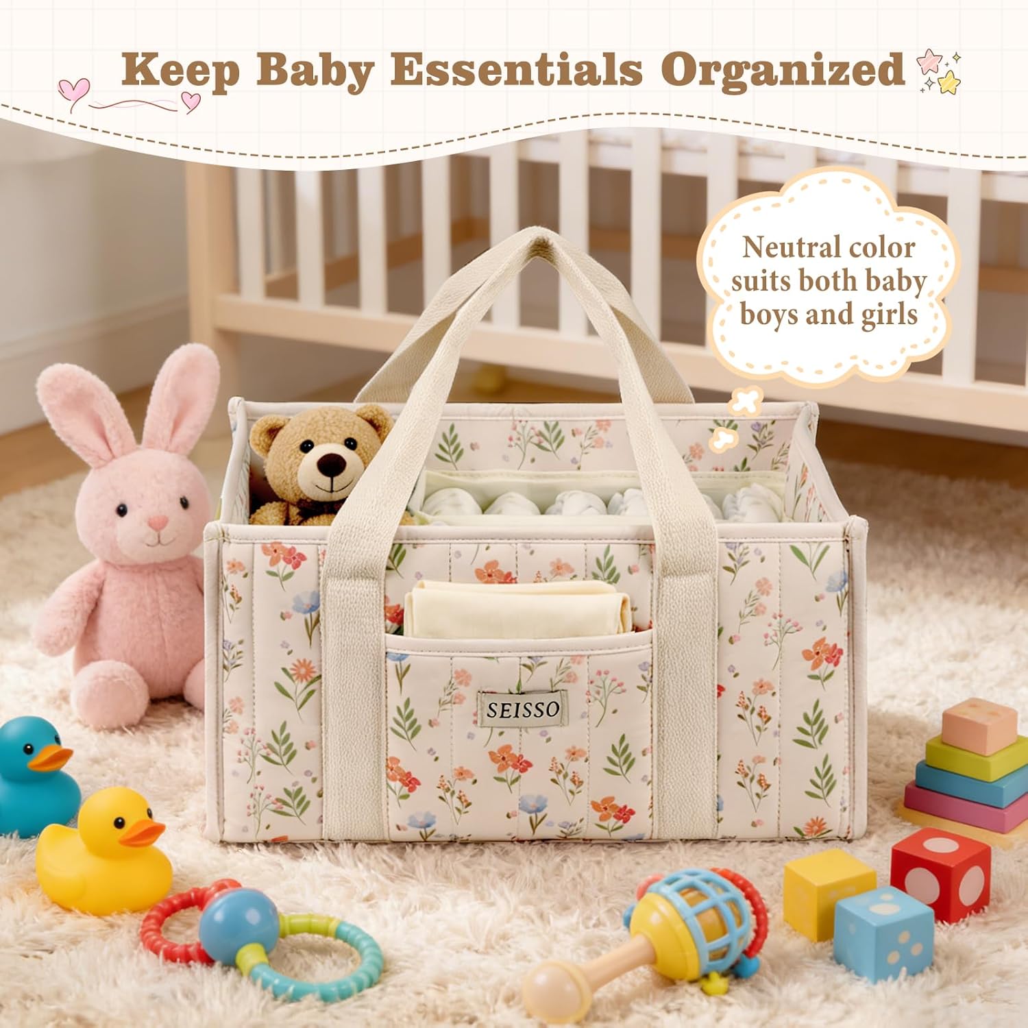 SEISSO Diaper Caddy Organizer with Handle, Portable Baby Gift Basket, Floral Diaper Organizer Nursery Storage Bag, Newborn Girl Boy Essentials, Gift for Baby Shower