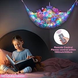Basumee Stuffed Animals Net or Hammock with LED Light Hanging Toy Net Hammock for Stuffed Animals Storage Stuff Animals Hammocks for Nursery Kids Room with Remote Control, 8 Kinds of Lights(Pack of 1)
