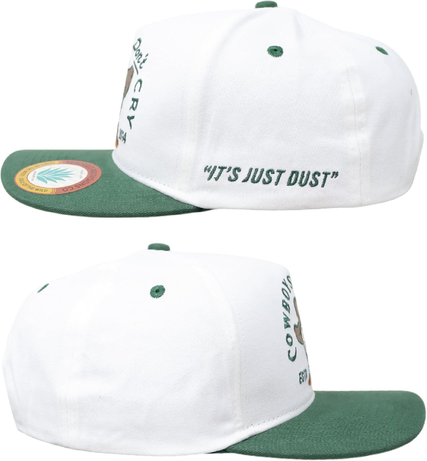 Sendero Provisions Co. Cowboys Don't Cry Adjustable Snapback Hat with Embroidered Design (White/Green) - One Size