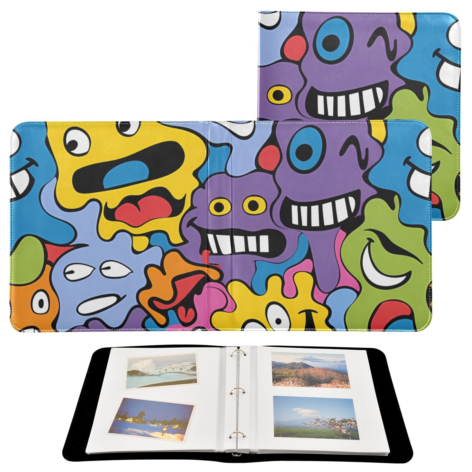JIPONI Monsters Cartoon Heads Large Photo Album, DIY Leather Cover Scrapbook Albums for 4x6 5x7 6x8 Pictures, Self Adhesive Memory Book for Wedding, Baby, Family