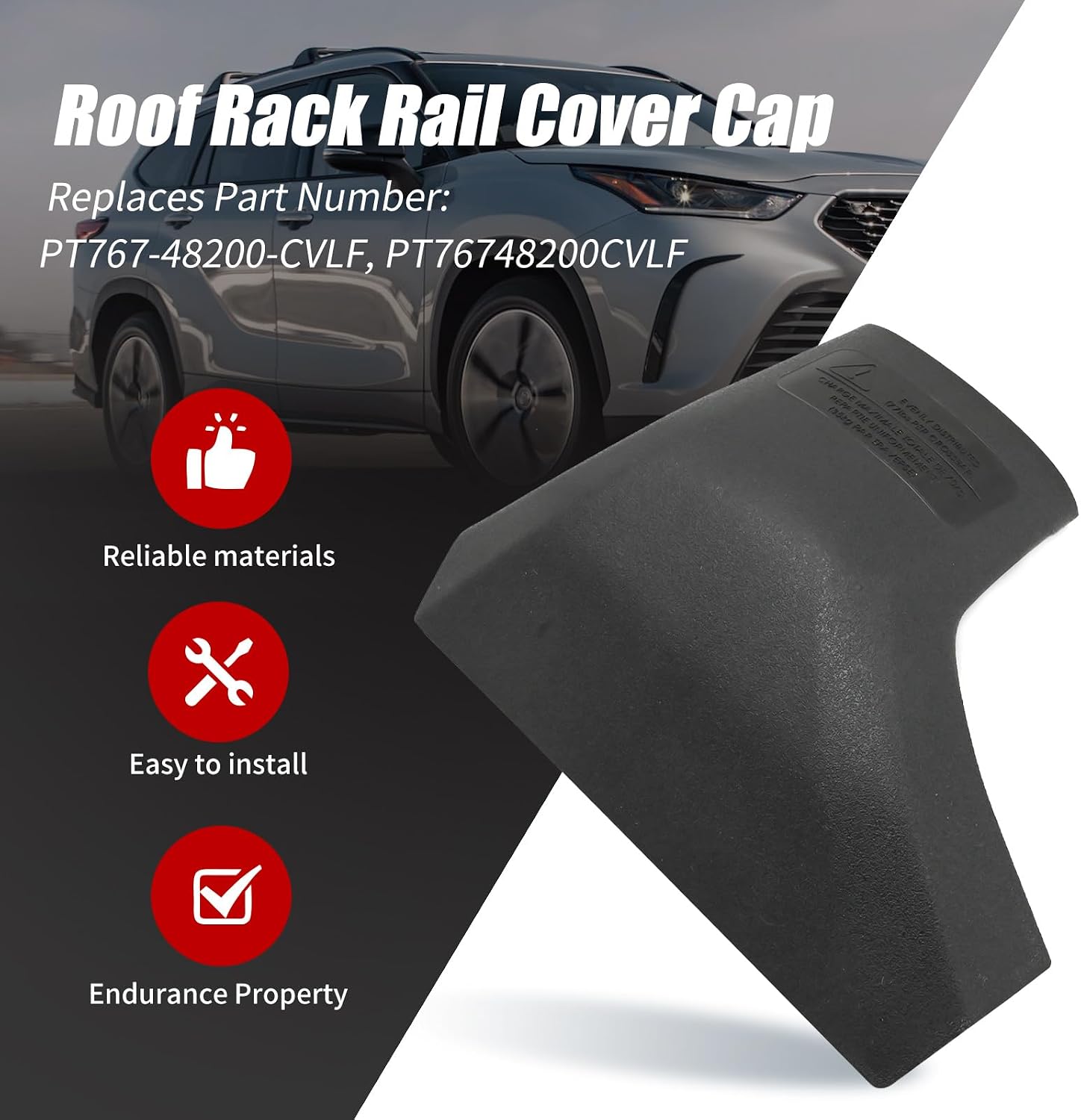 PT767-48200-CVLF Roof Rack Rail Cover Cap, Replacement for Toyota Highlander/Highlander Hybrid XLE XSE Limited Platinum 2020-2024 (Front Right Side)