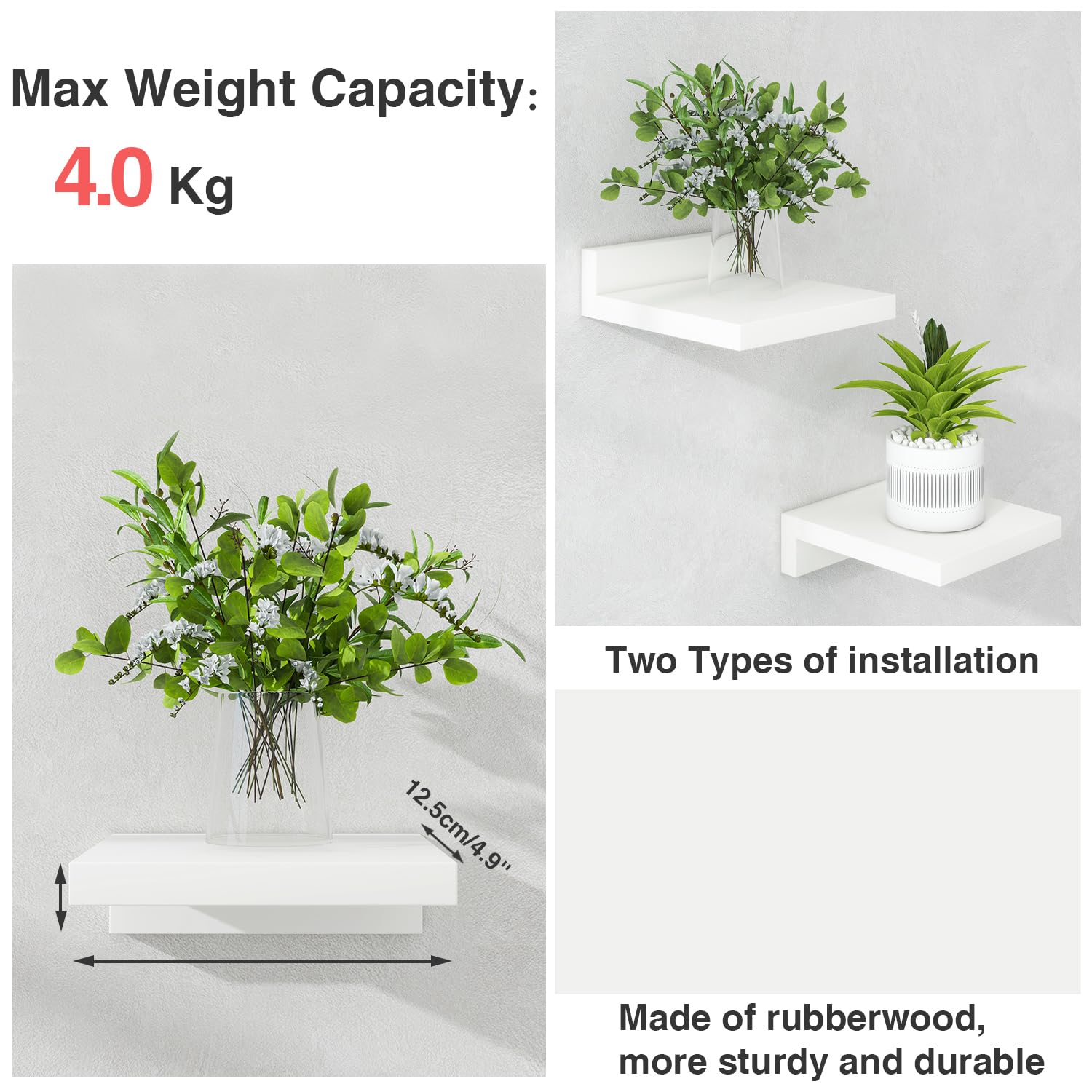 IBUYKE Small Floating Shelf,Wooden Wall Shelf,Set of 4,Display Racks,Hanging Shelf for Bedroom,Bathroom,Kitchen,White,RF-GB505W-4 - Image 2