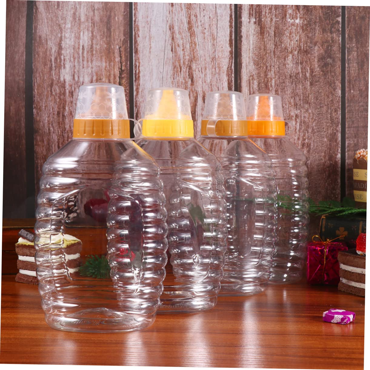 BRIGHTFUFU Honey Container Dipper Bee Jars Food Storage Jars Lids Honey Bottle for Jam Sauce Oil Ketchup Random Color