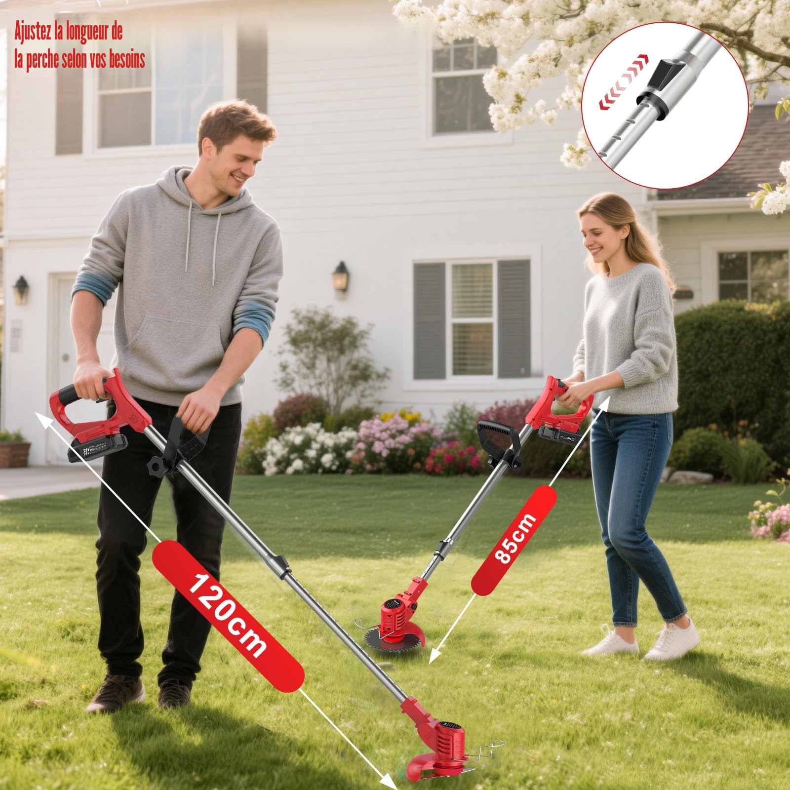 Debroussailleuse Electrique sans Fil, Coupe Bordure sans Fil avec 2 Batterie 21V 2000mAh et 2 Types de Metal Lames, Poignée réglable, Coupe Bordures pour la Coupe de Jardin et Pelouses, Rouge Clair