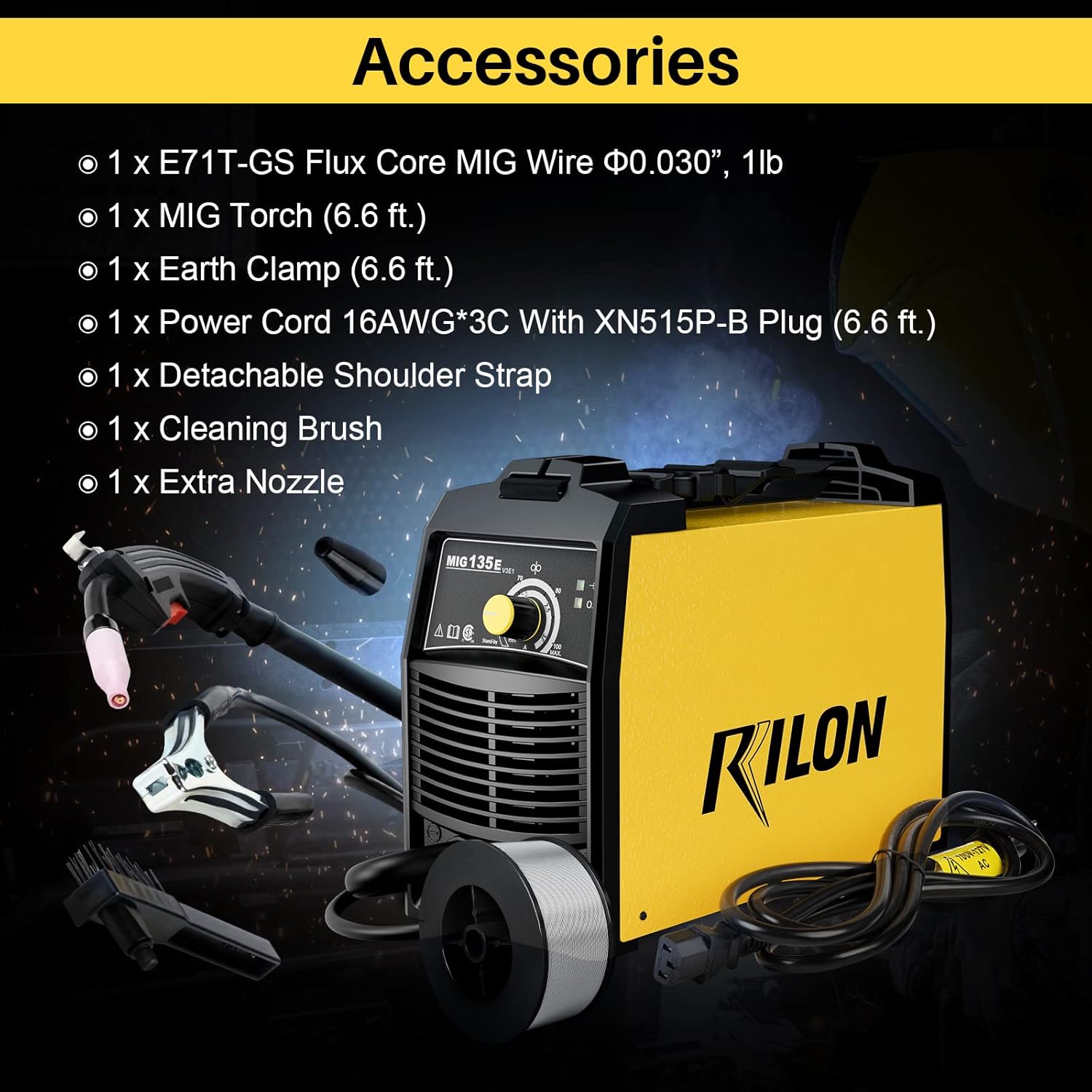 × Rilon MIG Welder 135E, Flux Core Welder Machine, 110V IGBT Inverter with Inner Wire Feeder, Portable Gasless Welding kit 100A DC, Yellow, Small