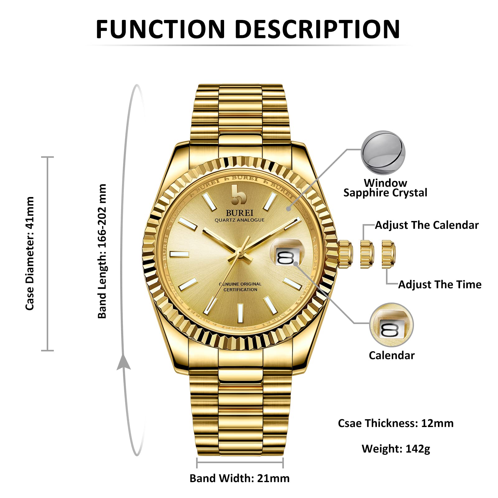 BUREI Orologi da uomo di lusso, in acciaio inox, analogico, alla moda, impermeabile, idea regalo per uomo