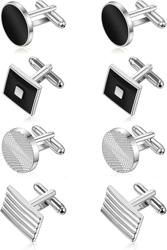 4 Pairs Cuff Links Mens Classic Cufflinks for Men, Wedding Cufflinks for Groom Men’s Jewelry for Business Gift Party Elegant Accessories (Sliver)
