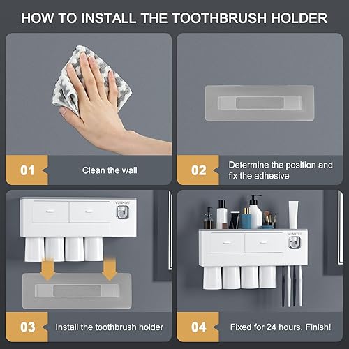 Miniatura 4 de VUNKQU Toothbrush Holder Wall Mounted, 4 Cups Toothbrush Holders with Toothpaste Dispenser Toothbrush Holder for Bathroom Automatic Tooth Pastetooth