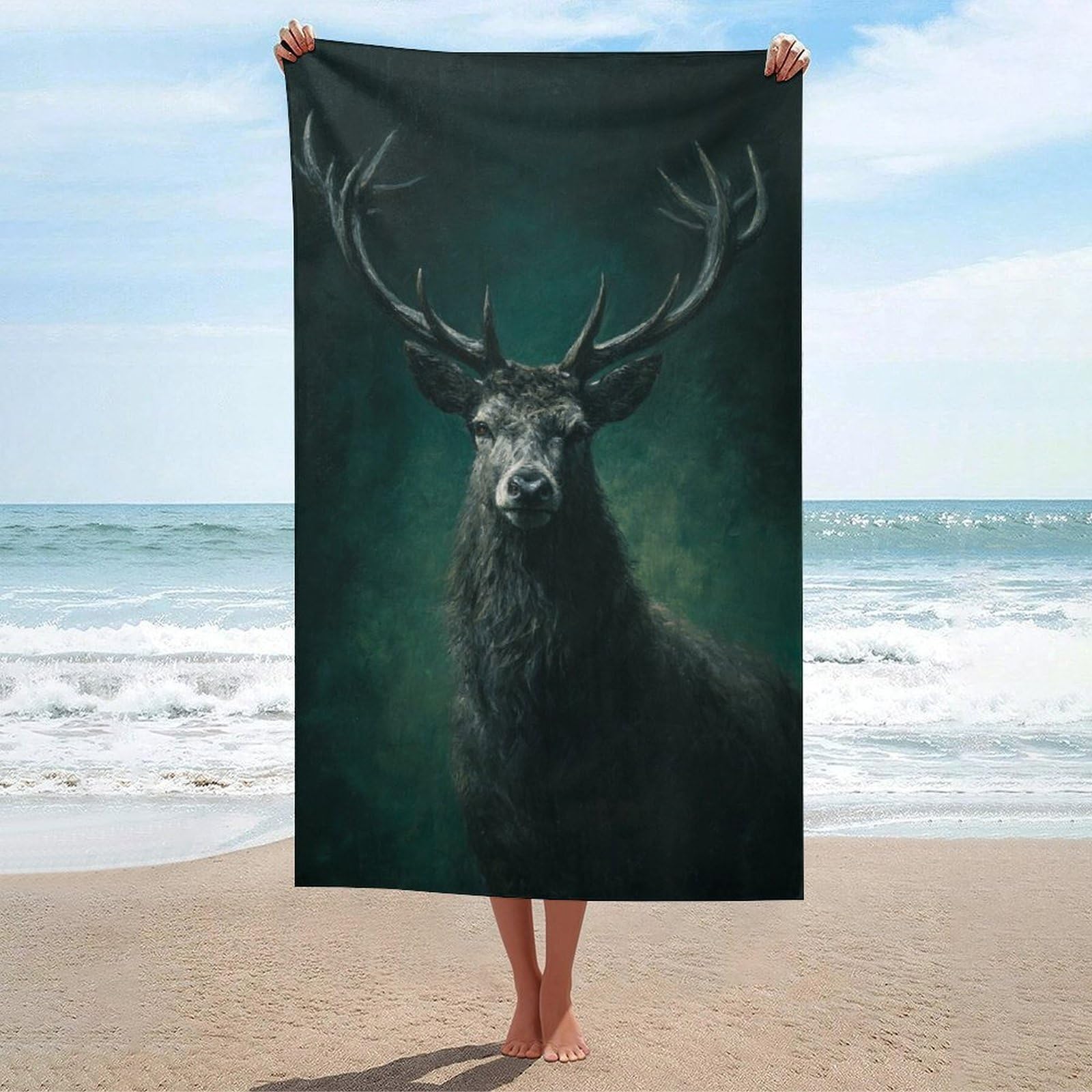 asbwuo Deer in The Dark Green Beach Towel