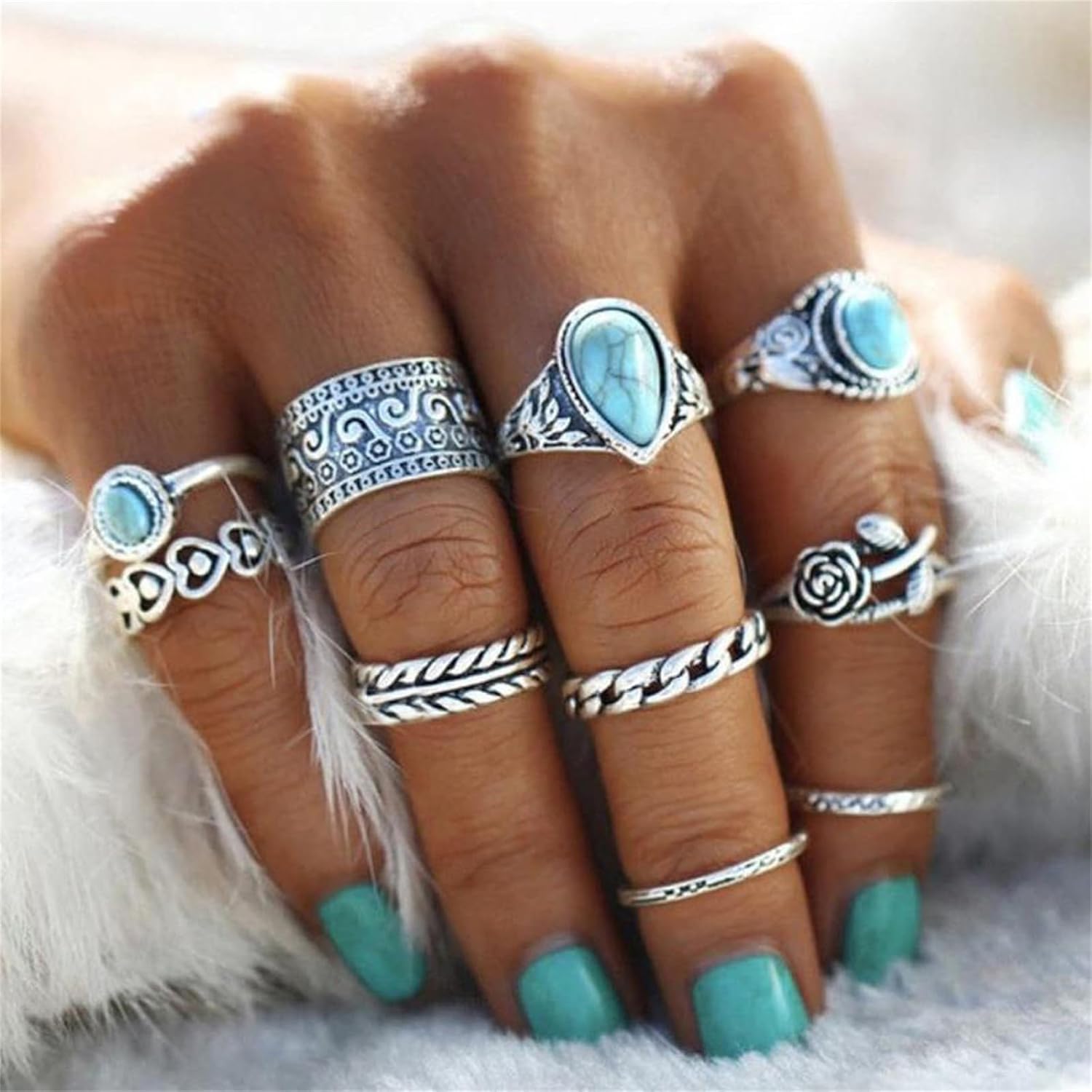 Bohemian Turquoise Ring Set for Women,Vintage Gem Turquoise Opal Joint Knuckle Stackable Rings Chunky Boho Midi Ring Pack Punk Western Ring Mixed Size - Image 2