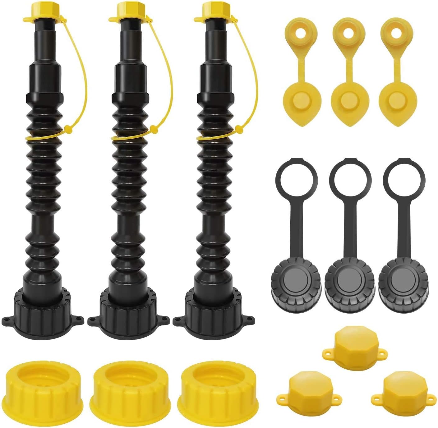 EONLION Gas Can Replacement Spout Kit, Flexible Pour Nozzle with Strainer and Gasket, Vent Caps, Stopper Caps, Collar Caps, Stripe Cap, Spout Kit for Water Jugs and Old Can, 3 Pack(Red)