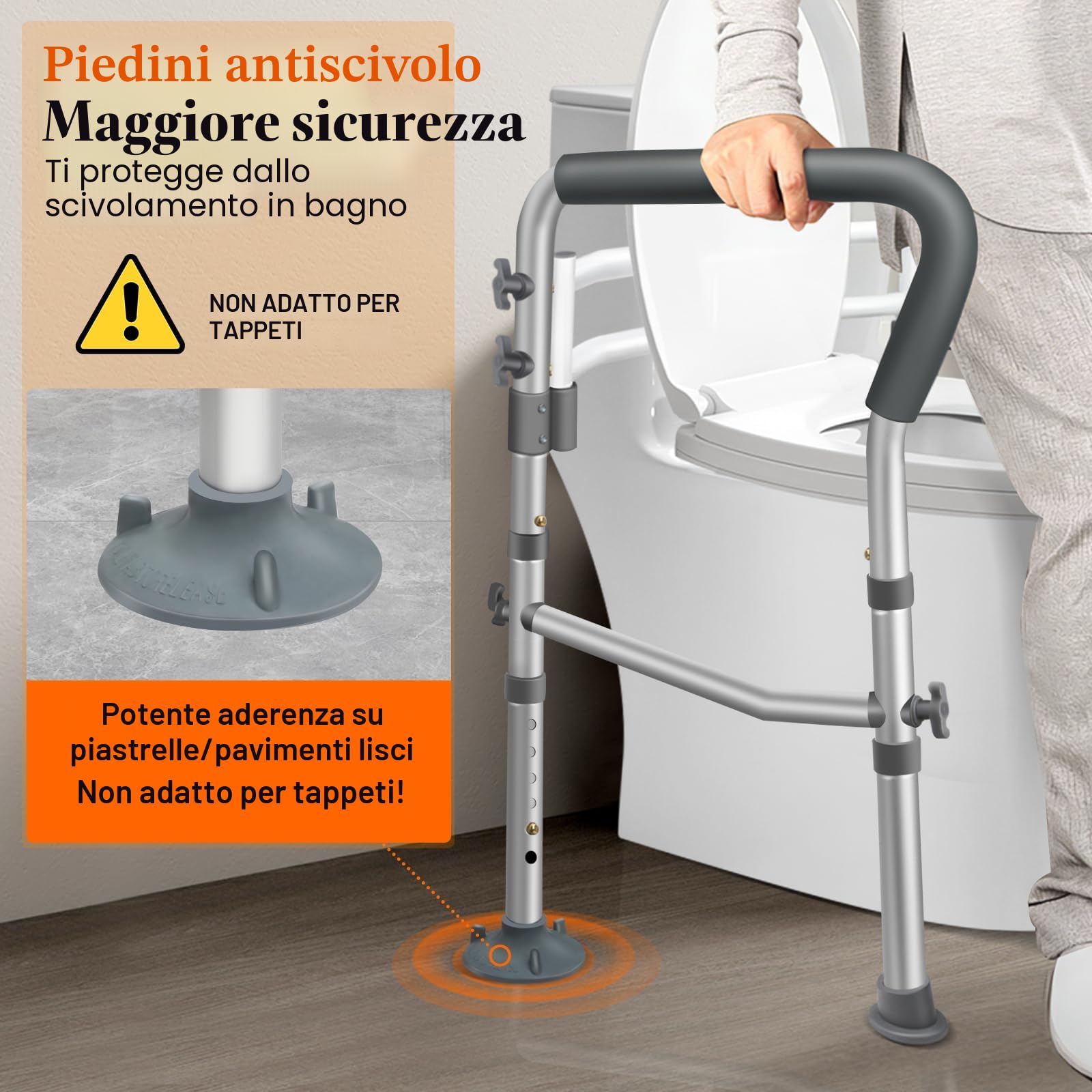 DePango Binari di sicurezza per WC, sedile WC regolabile con maniglie sopra il WC, robuste maniglie per WC per anziani e disabili, telaio stabile con bracci per anziani
