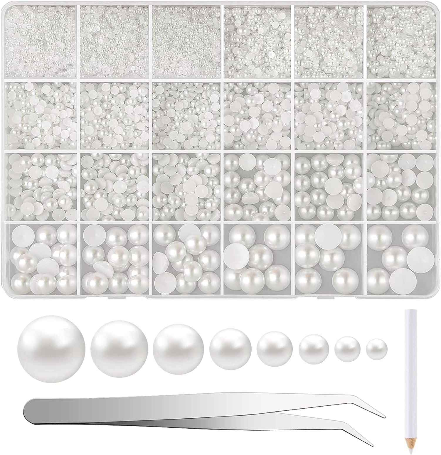NACHLYNN 12000 Pcs Half Pearls Bead Multiple Sizes 2/3/4/5/6/8/10/12mm White Flatback Pearls for Crafting, Bedazzling Kit for Crafts Nail Art Graduation Cap Embellishment Shoes Clothing