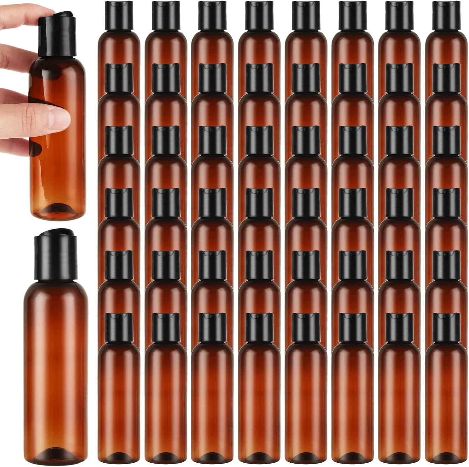 50 PCS 4 Oz Plastic Squeeze Bottles with Disc Top Flip Cap Amber Empty Squeeze Travel Containers 4 Oz Amber Refillable Plastic Bottles with Squeeze Top for Shampoo, Lotions, Cream