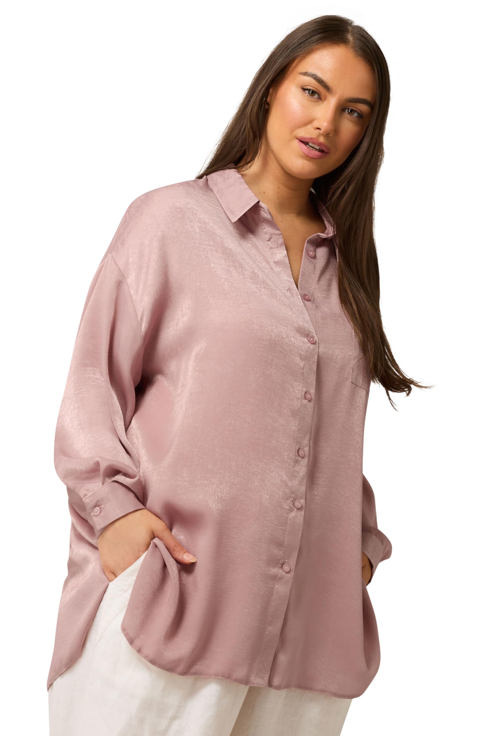 EVANS Curve Metallic Button Through Shirt - Women's - Plus Size Curve Light Pink