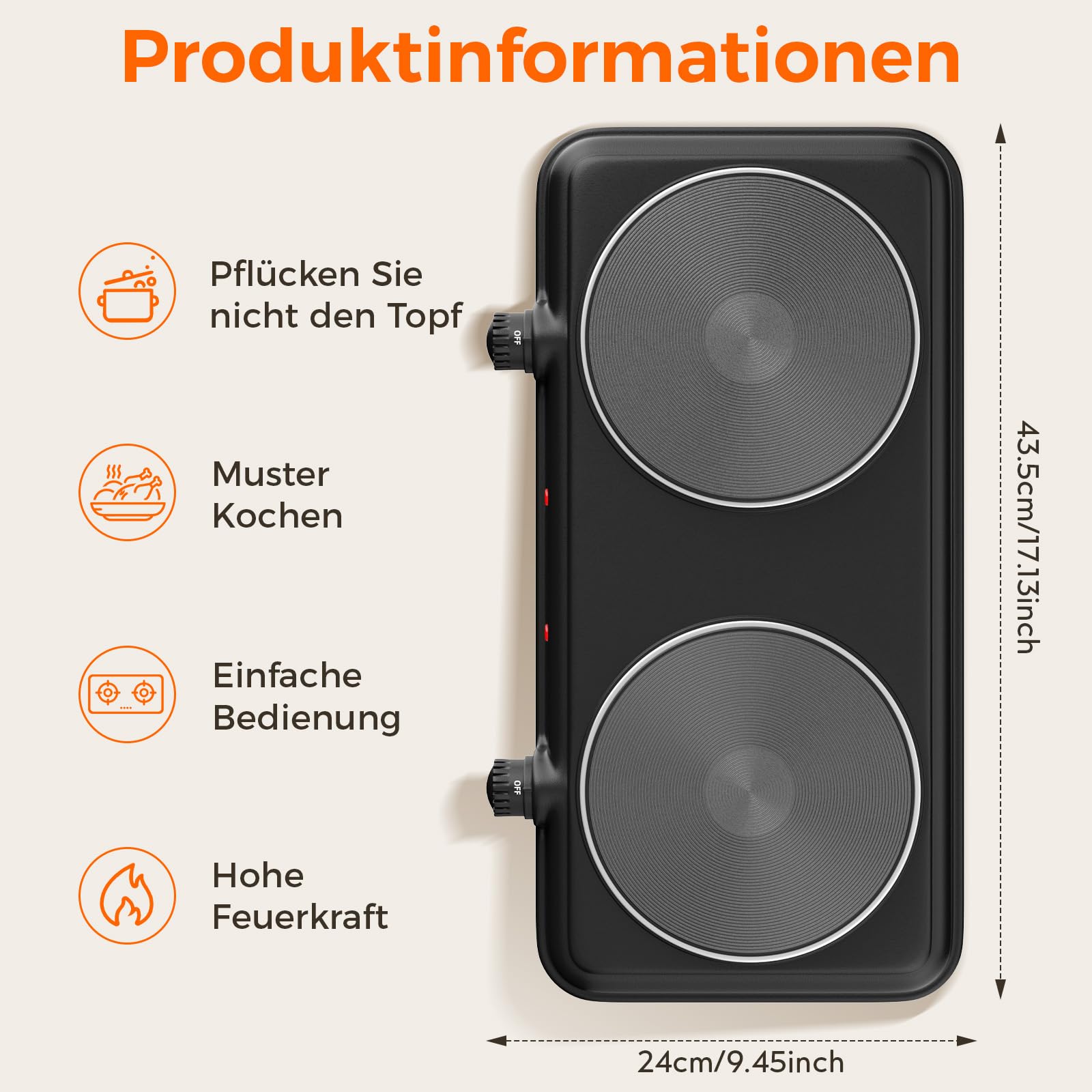 Doppel Kochplatte für Küche, 2000W elektrische Kochplatte mit 2 Kochfeldern, Temperaturregelung, tragbarer Kocher und leicht zu reinigender Edelstahlfuß (Schwarz M)