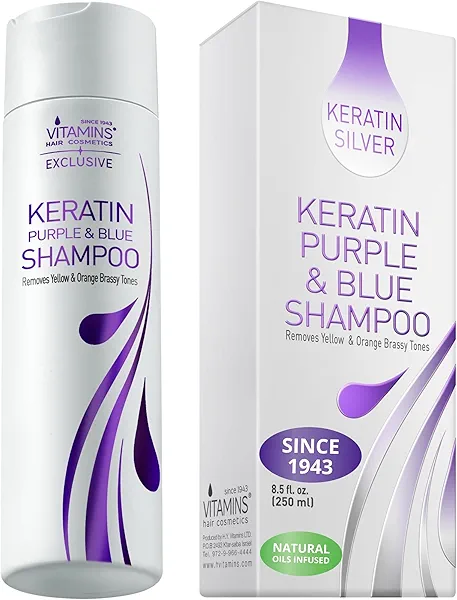 VITAMINS hair cosmetics Keratin Purple Shampoo for Blondes - Blue Shampoo - Hair Toner for Bleached Hair - Tones Brassiness & Repairs Blonde, Silver, Grey, White & Ash Gray Locks