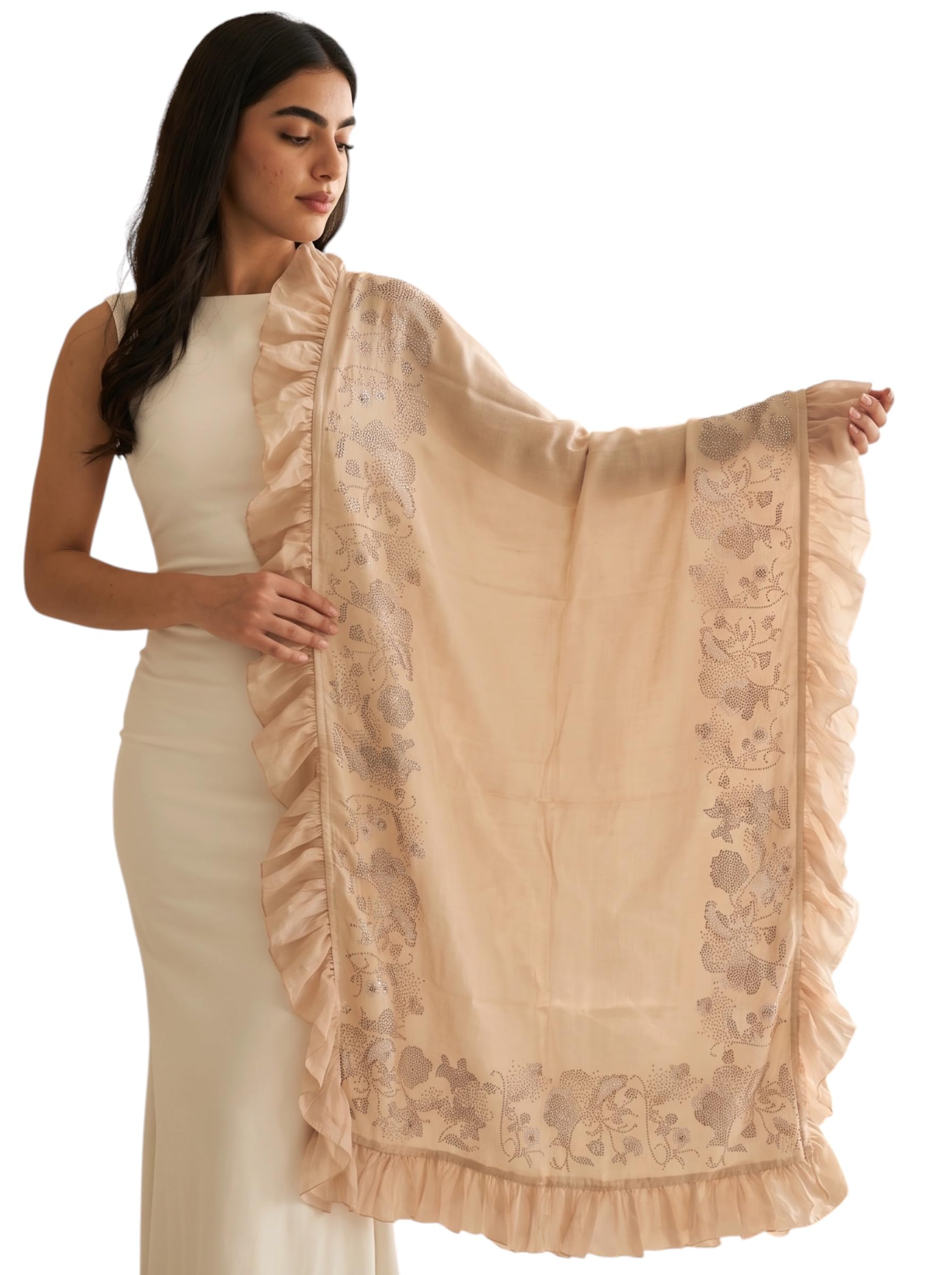 Luxury Four Side Frill Shawl with Crystal Embellishments – Premium Silk Modal Fabric | Elegant Lightweight Evening Wrap, Designer Ruffle Border Stole for Women.-image-12