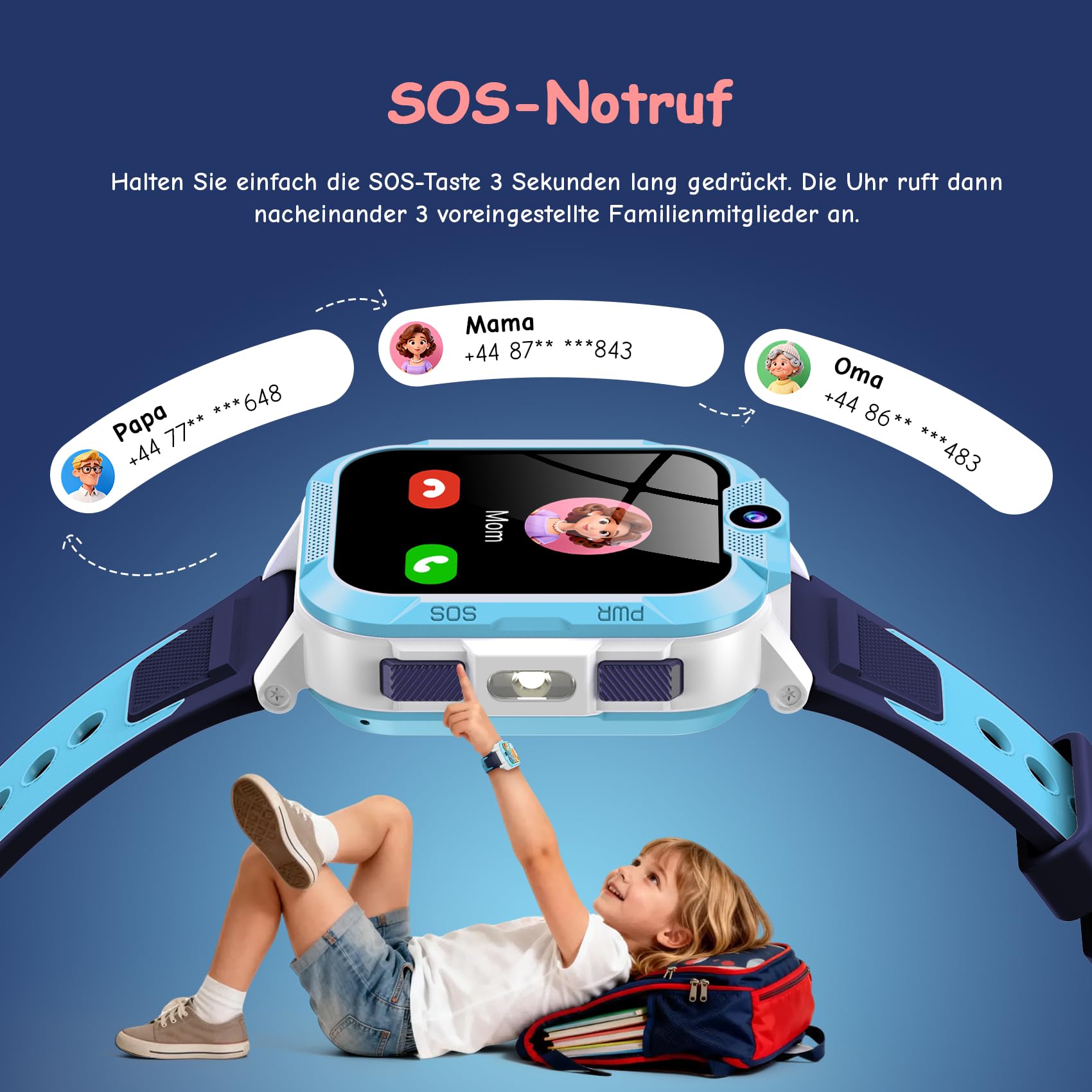IOWODO Smartwatch Kinder mit GPS und Telefon 4G, 850mAh 7-Tage Akku, SOS-Notruf, Schulmodus, IP68 Wasserdicht, Sprachanruf, Pedometer, Geschenk für Jungen & Mädchen, 4-12 Jahren, Blau
