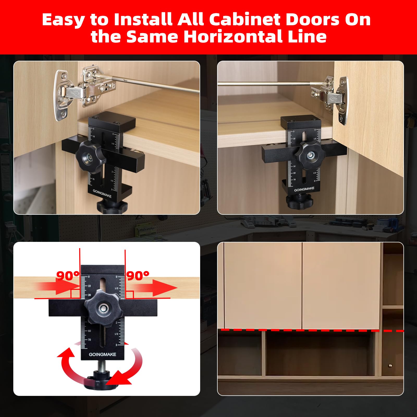 GOINGMAKE Plantilla de montaje para puerta de gabinete, posicionador de instalación con soporte de borde extraíble rápido, herramienta de posicionamiento de puerta de gabinete ajustable para instalar