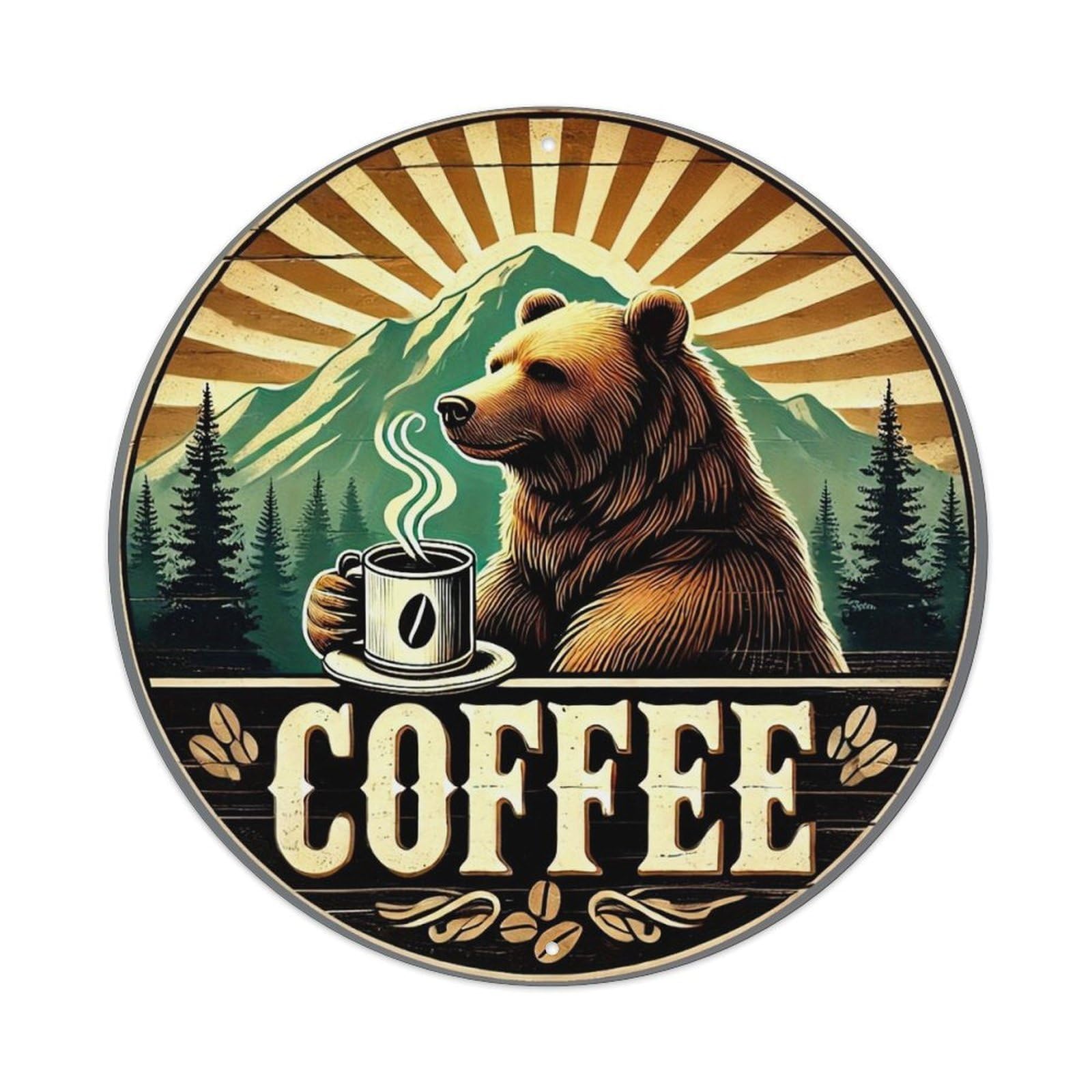 Bear Holding Coffee Cup Mountain Background Metal Tin Sign Plaque