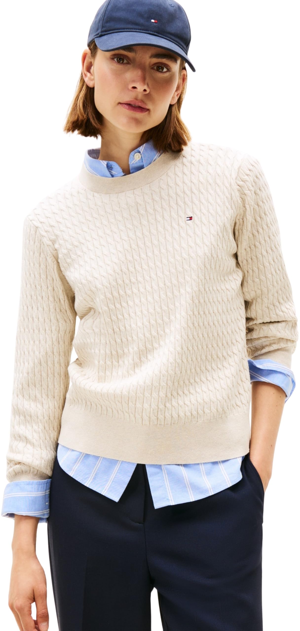 Tommy Hilfiger Women’s Fine Cable Knit Jumper, Beige (HTR Oatmeal Gs Tipping), XXXL