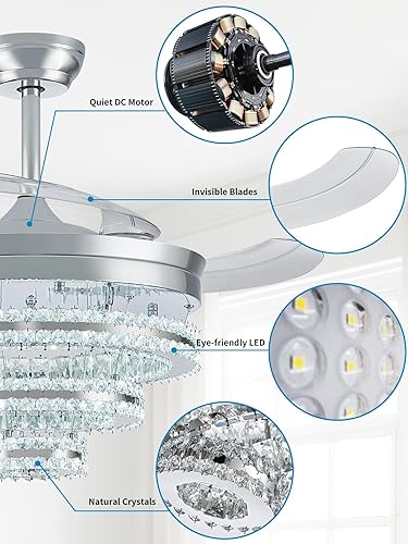 Miniatura 9 de Ventilador de techo de araña de cristal de 42 pulgadas, ventilador retráctil con control remoto y aplicación, luz LED, motor de CC silencioso, 6