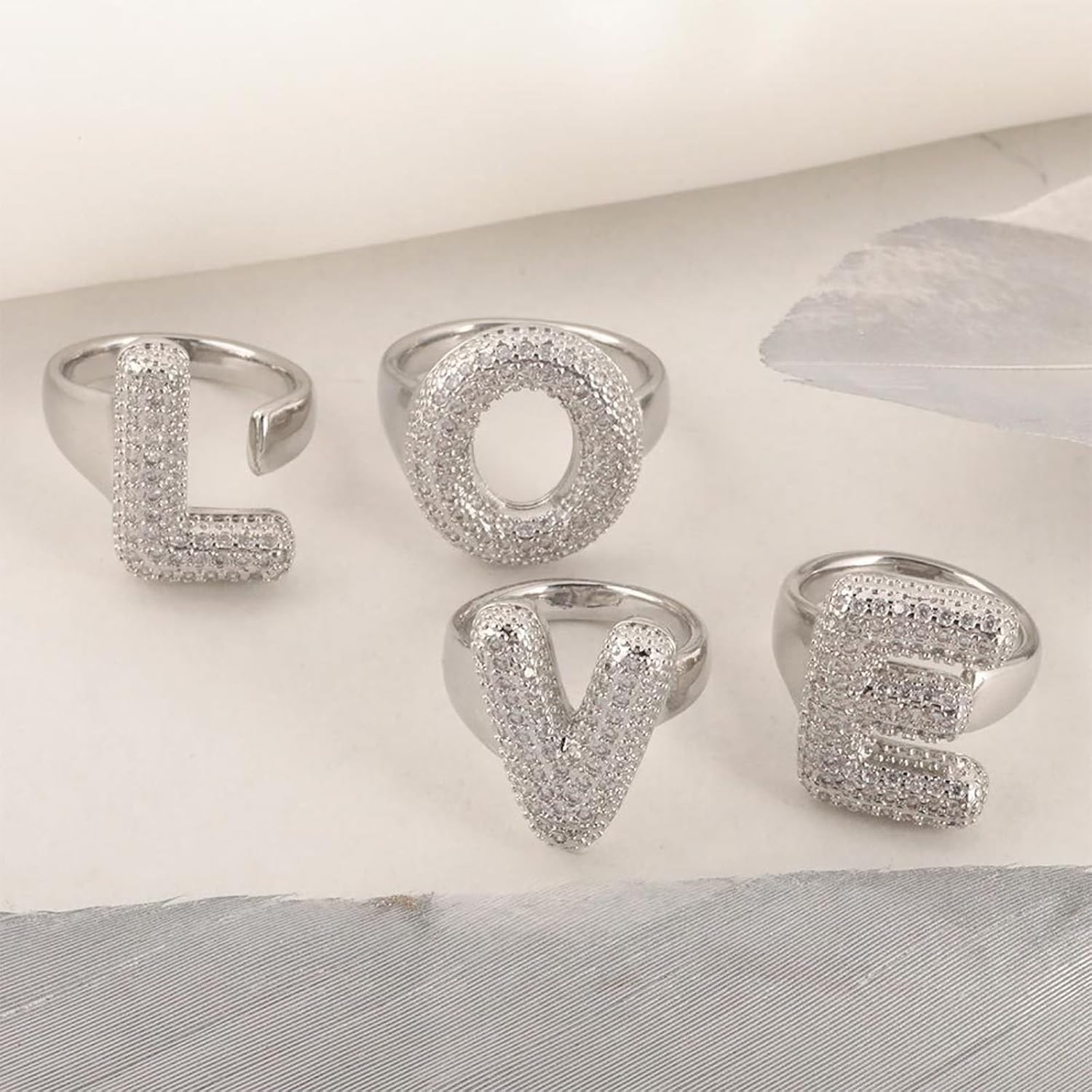 Dcfywl731 2PCS Initial Ring for Women - 14K Gold Plated Rhinestone Silver Chunky Ballon Letter Ring - Open Adjustable Puffy Personalized Birthday Jewelry Gifts - Trendy Stuff - Image 5