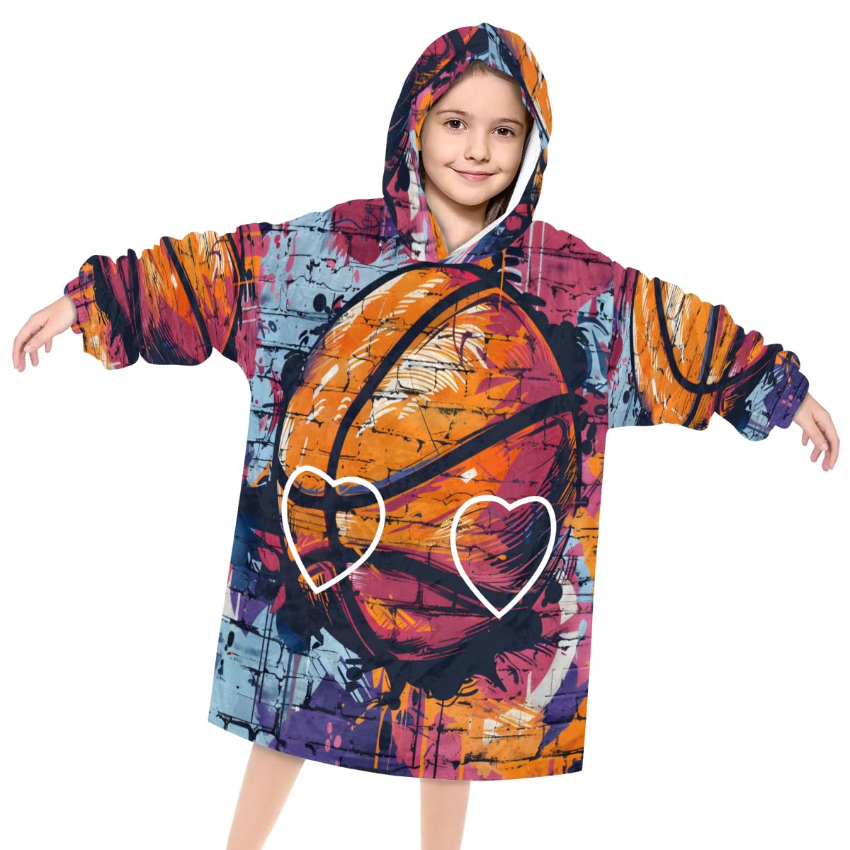 Pardick Wearable Blanket Hoodie for Kids, Watercolor Basketball Fleece Sweatshirt Blanket Oversized Blanket Sweatshirt with Pocket Flannel Warm Hooded Blanket 6-10 Year Old Girl Boy Gift, One Size