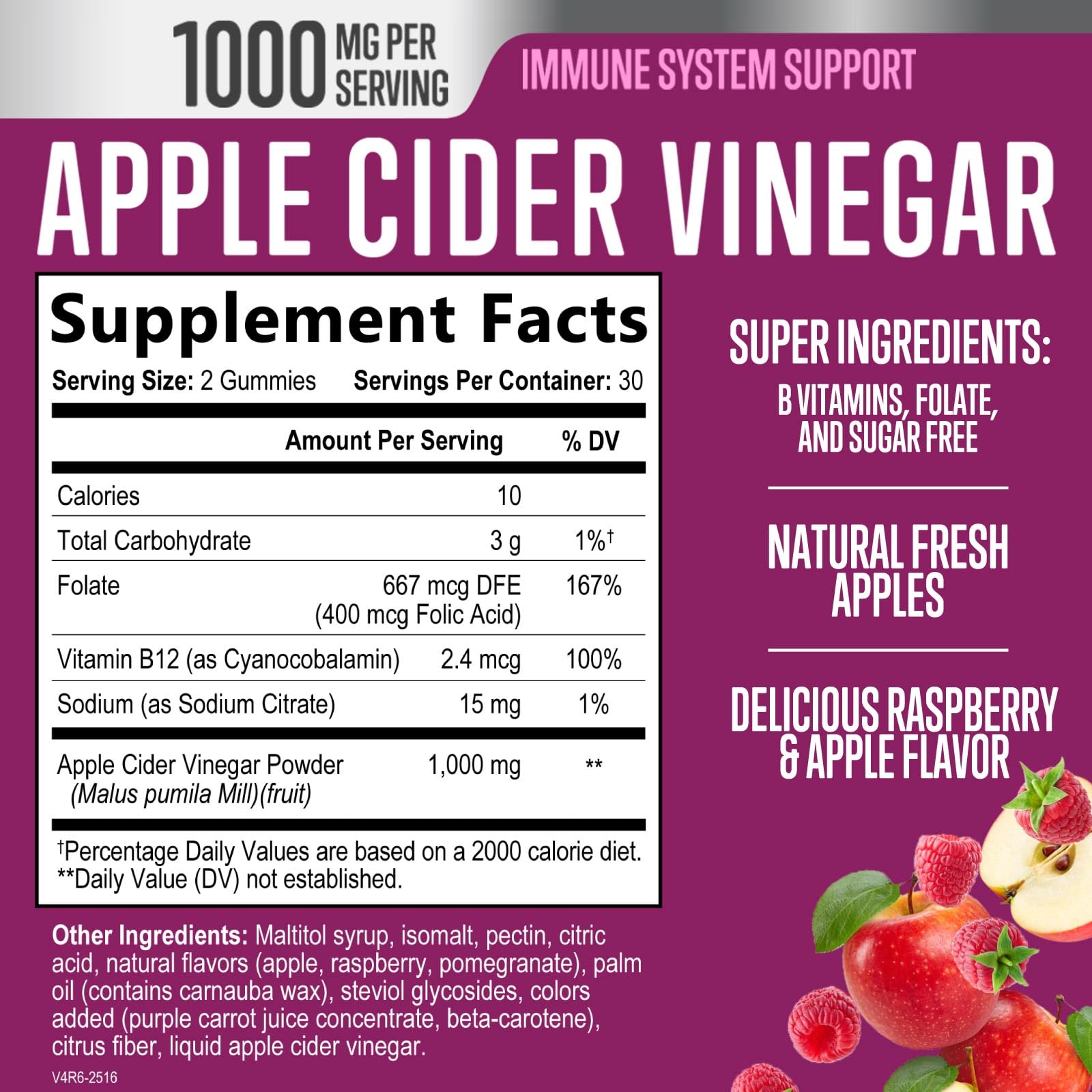 Apple Cider Vinegar Gummies 1000mg - Sugar Free Max Strength ACV Gummy Vitamins Supplement, Advanced Formula, Vitamin B12 Supports Metabolism & Energy - Keto Friendly, Vegan, Gluten Free - 60 Gummies — Amazon image 2