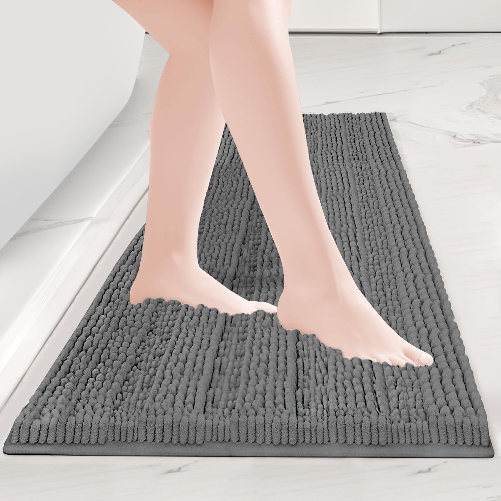 BALEINE Extra Thick Bathroom Rugs, Luxury Chenille Non-Slip Bath Mats, Soft Plush Shaggy Bath Rug for Bathroom, Machine Washable and Dry (Grey, 47"x17")