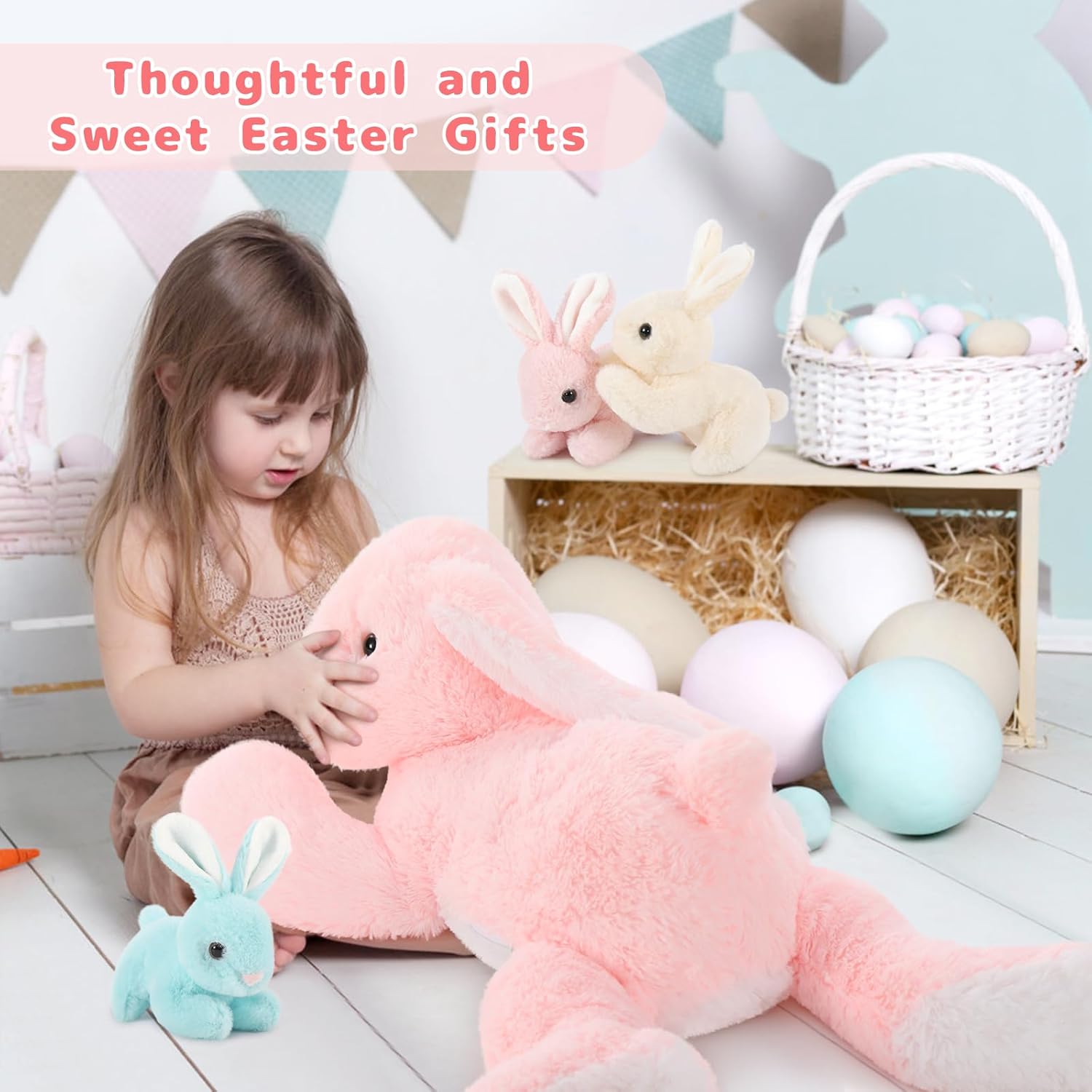 Big Pink Bunny Stuffed Animal 24" - Large Easter Stuffed Bunny Rabbit Plush Toy Gifts for Girls Baby - Plushy Mommy Bunny Surprise with 3 Babies Inside