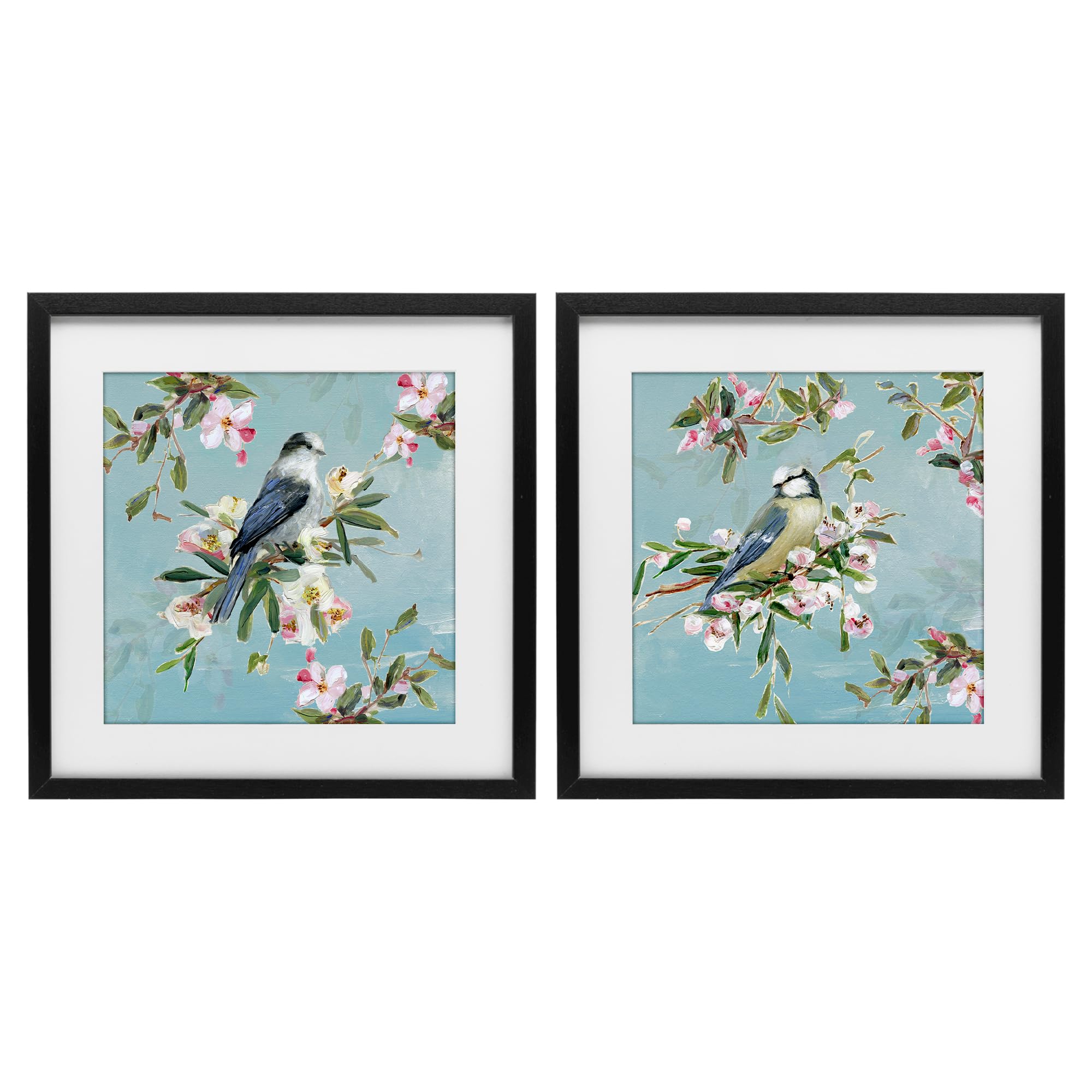 Stupell Industries Midnight Black (Textured) 'Songbirds Among Spring Blossoms'| 2Pc Framed Print Under Glass Set