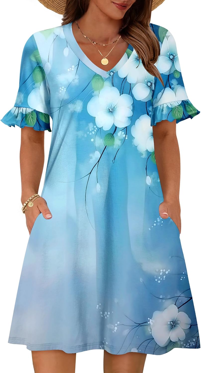 Zeagoo Summer Casual Dresses for Women A Line Sun Dress Ruffle Short Sleeve V Neck Floral Tshirt Dress with Pockets