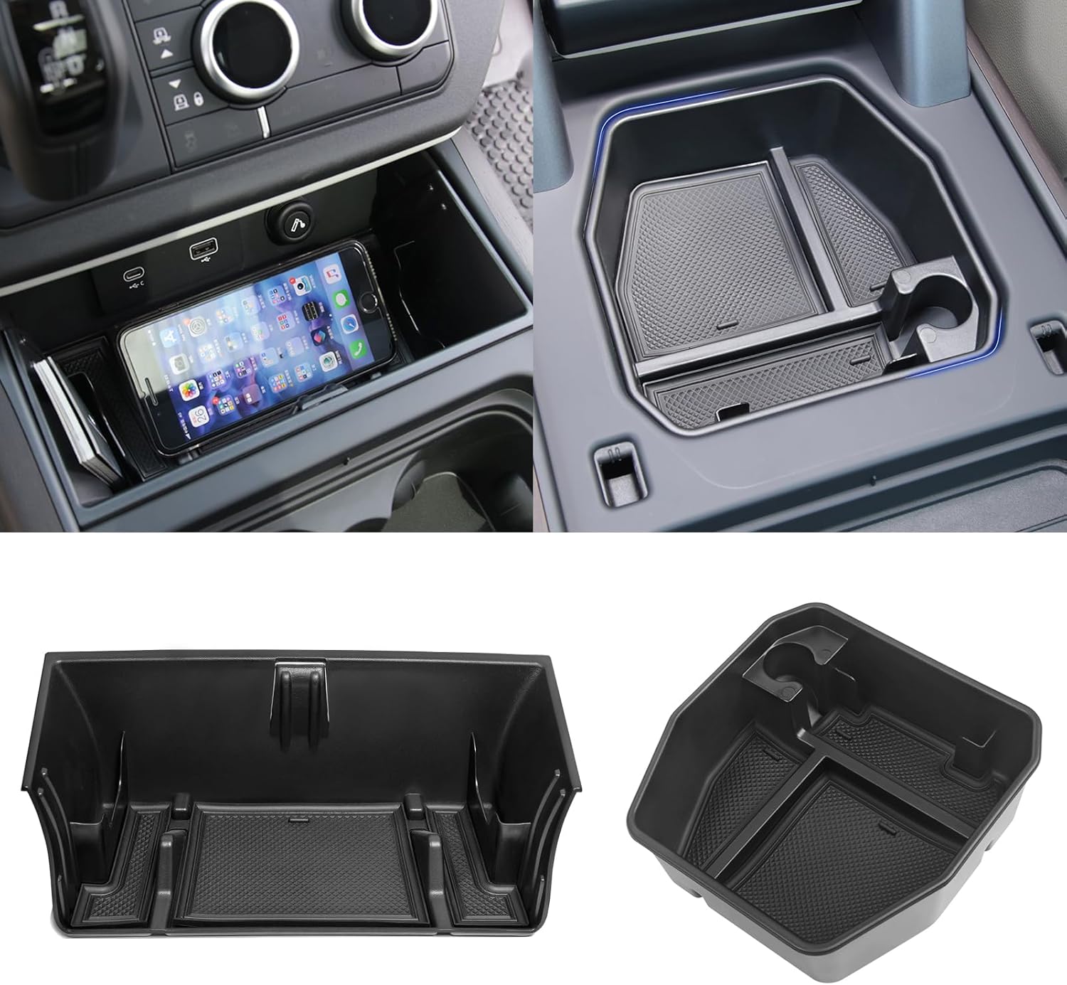 Center Console Organizer Accessories for 2025–2026 Land Rover Defender 90 110 130, 2-Piece Custom Fit 2-Layer Armrest Storage Box Tray with Anti-Slip Mat & Phone Holder