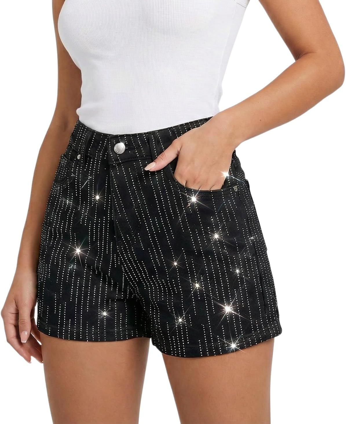 heipeiwa Women's Rhinestone Jean Shorts High Waisted Denim Shorts Sparkle Shiny Sequin Glitter Party Y2K Outfits