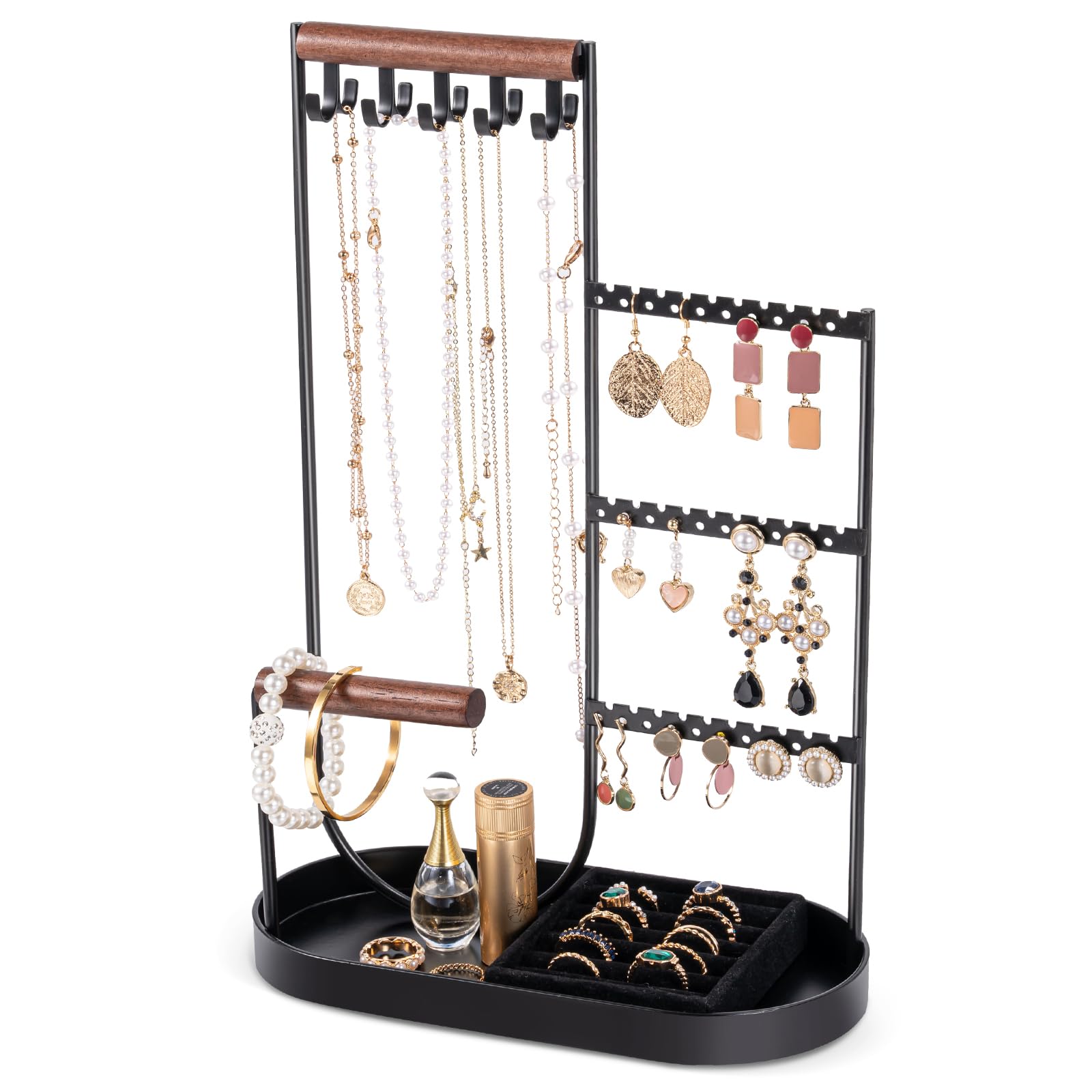 ProCaseProCase Jewelry Organizer Jewelry Holder Jewelry Stand with Velvet Ring Tray and Study Metal Frame, Necklace Holder Organizer Bracelet Display Storage Rack for Studs Rings -Black