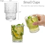 AVLA 8 Pack Vintage Drinking Glassware, 7 oz Romantic Water Juice Glass Tumbler Cup, Clear Stackable Coffee Cocktail Bar Drinkware for Beverages, Tea, Milk, Yogurt, Whiskey, Embossed Floral Pattern