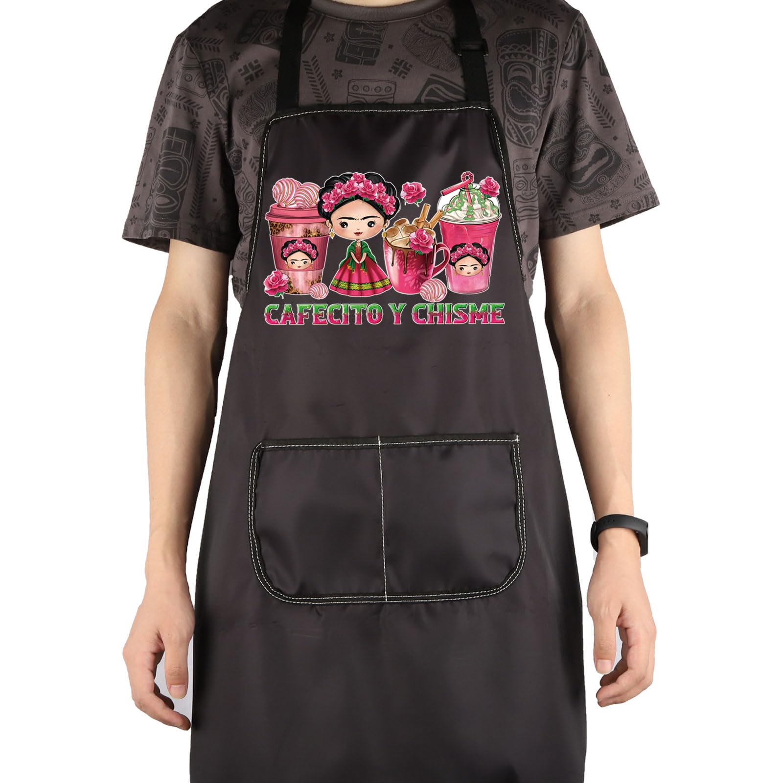 TOBGBE Funny Cafecito y Chisme Mexican Coffee Cups Apron With Concha Pun - Gift for Mexican Women