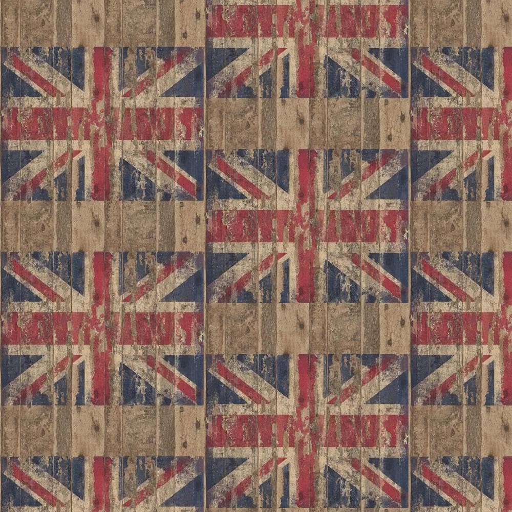 Distressed Brown Wood Union Jack Flag Wallpaper - Multicoloured Realistic Washed Wooden Effect Stylish Paste The Wall