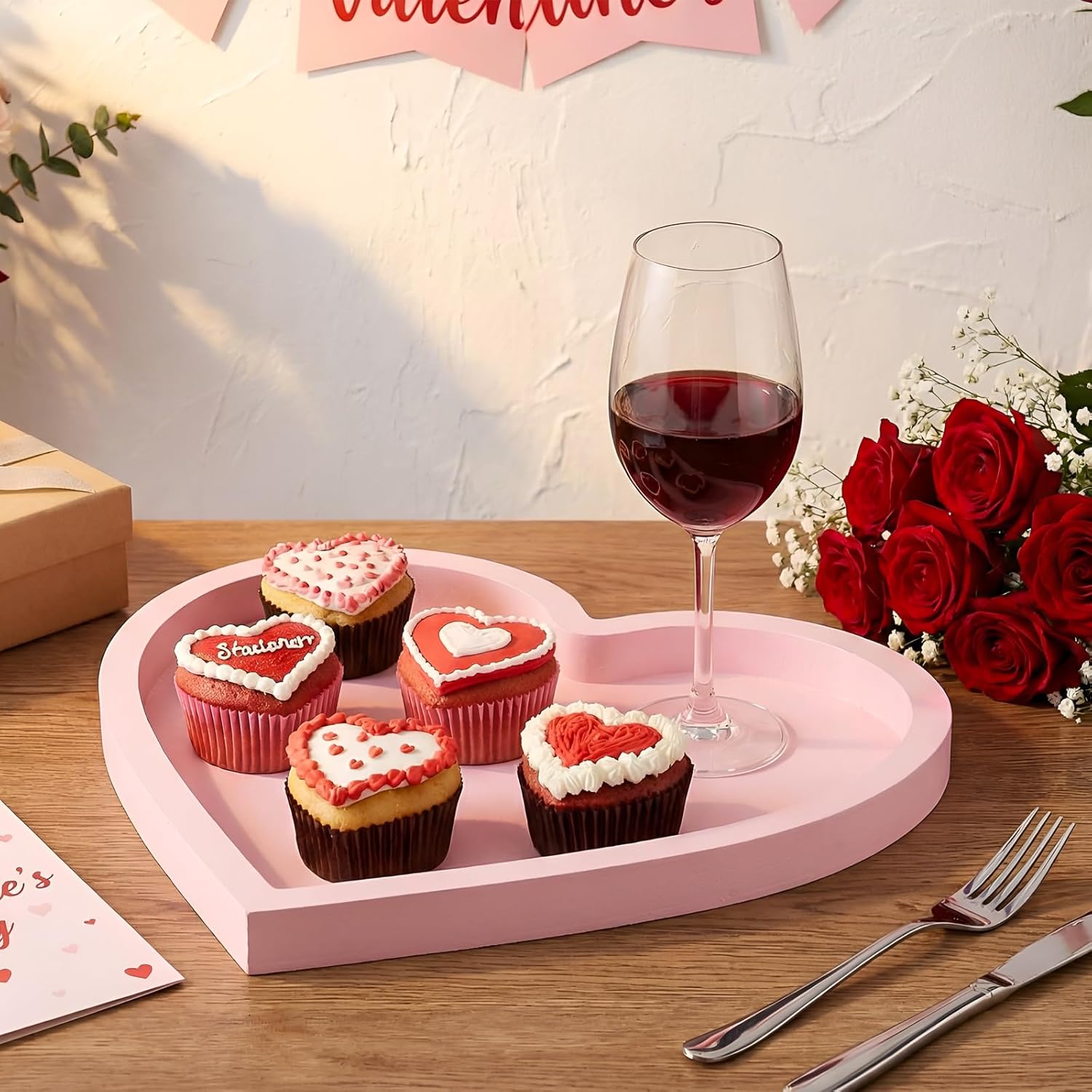 Hushee 3 Pcs Valentine's Day Wooden Serving Tray Heart Shaped Plate Wood Serving Dish Tray and Platter for Valentines Day Table Decoration Home Office Food Display, 3 Sizes(Heart, Red, Pink, White)