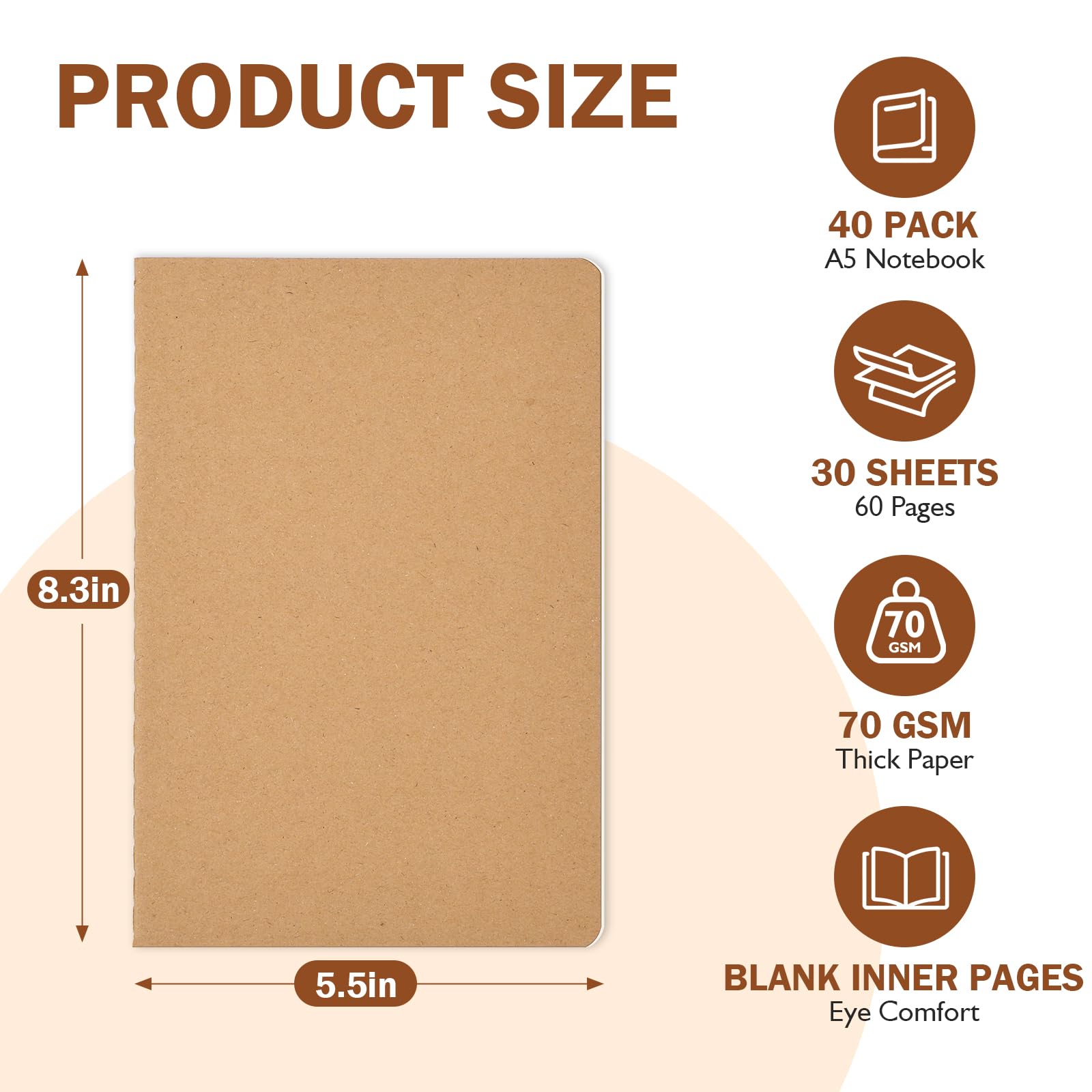 Paquete de 40 cuadernos de papel kraft en blanco, cuaderno A5 a granel, sin