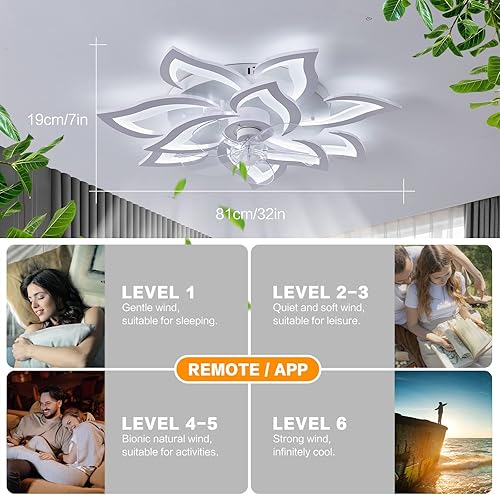 Miniatura 6 de Ventilador de techo con luz, moderno ventilador de techo de montaje empotrado para interiores con luz LED regulable y control remoto, 3 temperaturas