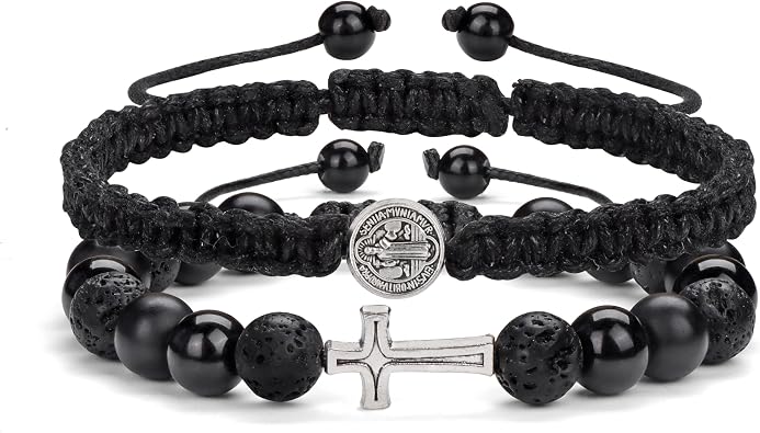 Cross Beaded Bracelets for Men Christian Catholic Adjustable 8mm Obsidian Hematite Lava Rock Beads Bracelet Set Fathers Day Birthday Gifts