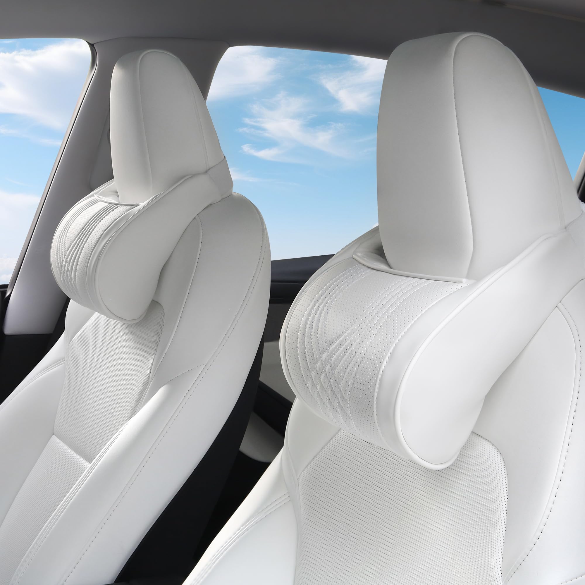 Cuscino Poggiatesta Auto in Memory Foam Pelle Nappa Cuscino per Testa del Sedile Morbido e Confortevole per Auto SUV Berlina Ufficio a Casa, Bianco, 2 Pezzi