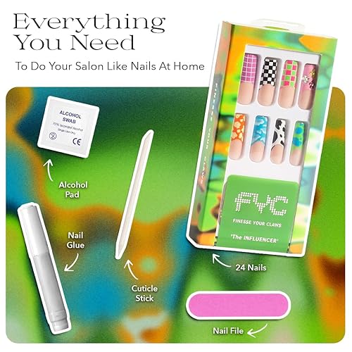 Miniatura 3 de FYC Finesseyourclaws, uñas a presión, The Influencer, acabado brillante, diseño múltiple, uñas cuadradas largas, reutilizables, 12 tamaños, 24 uñas
