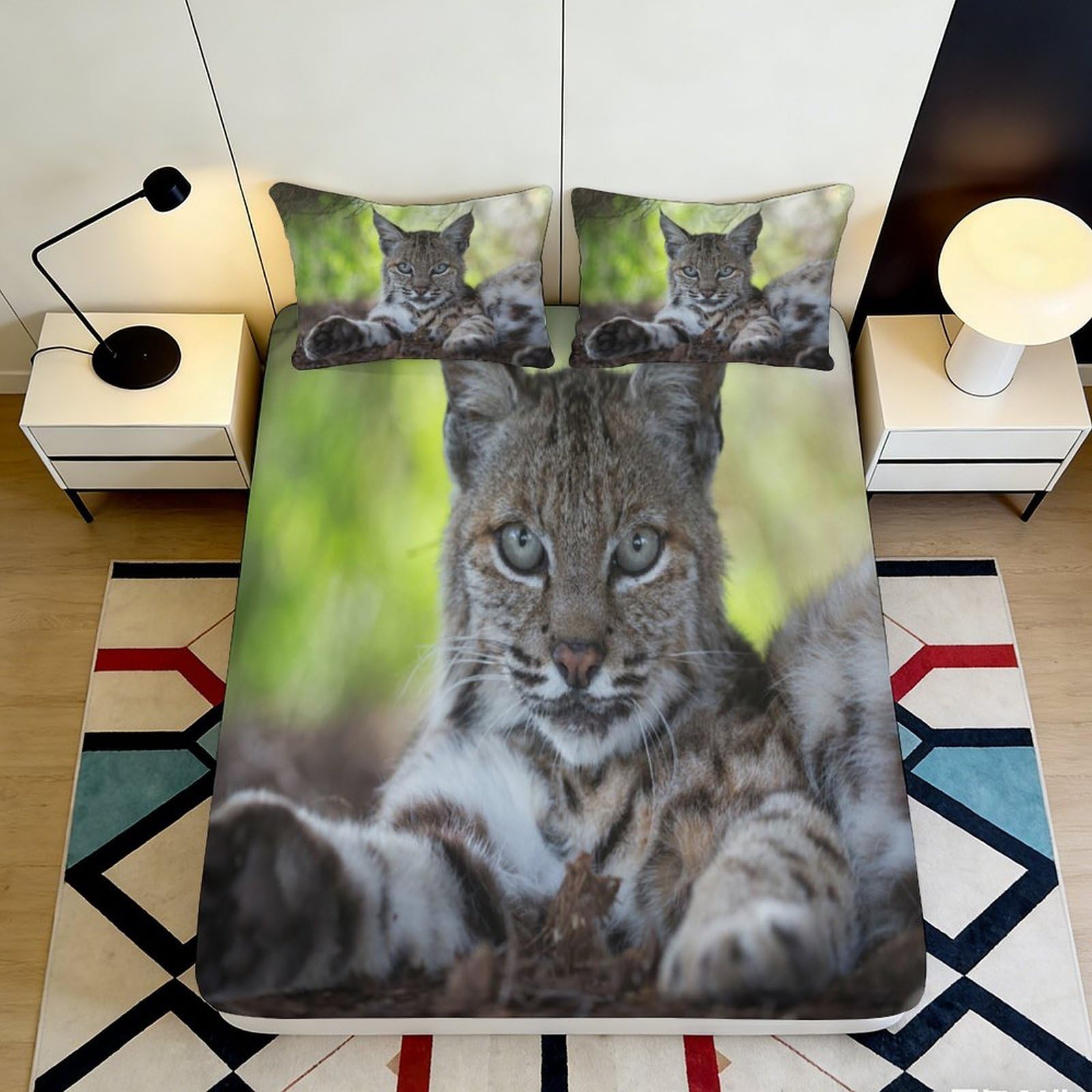 Pnayamiorkfel Style-1 3D Printed Wild Lynx Fitted Sheet Microfiber Soft Anti-Slip Forest Cat Bed Cover For Bedroom Guest Room Decor 90X200x25cm