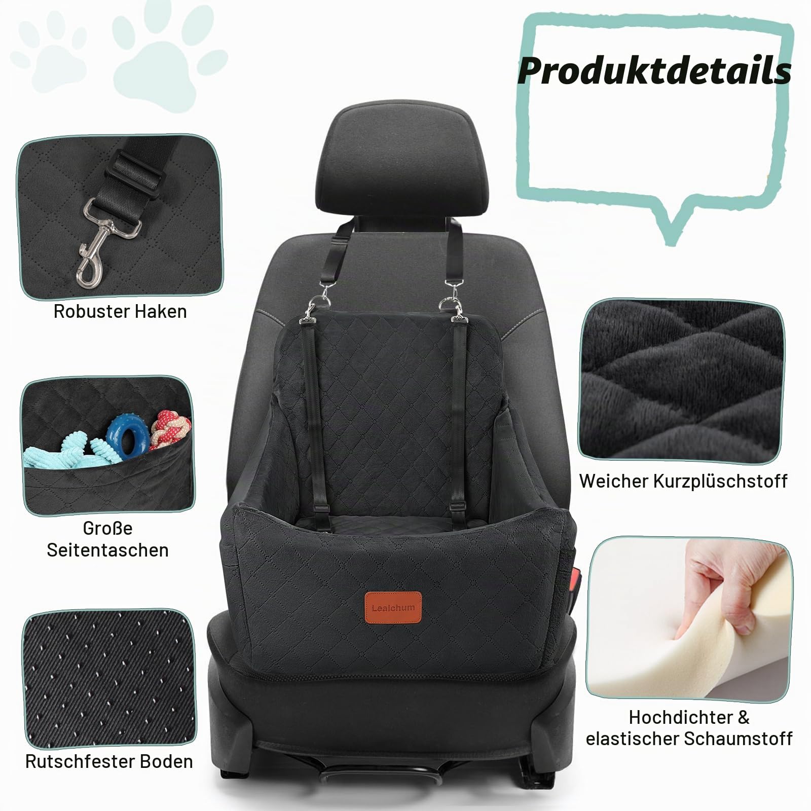 Lealchum Hundesitz für mittelgroße Hunde, verstellbaren Riemen, Anti-Rutsch-Boden Haustier Autositz, voll abnehmbar und waschbar (Black, Medium)
